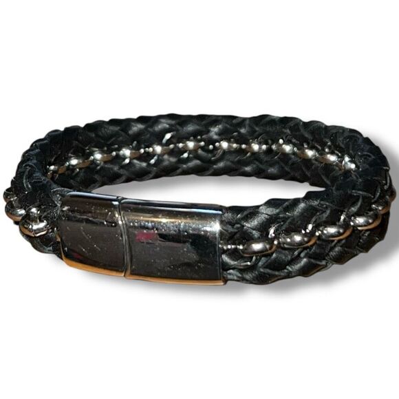 7 1/2” Faux Leather & Stainless Steel Bracelet - Picture 1 of 7